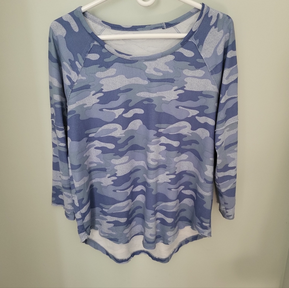 Blue Camo Raglan Long Sleeve T Shirt Round Neck Top‎ Casual Women